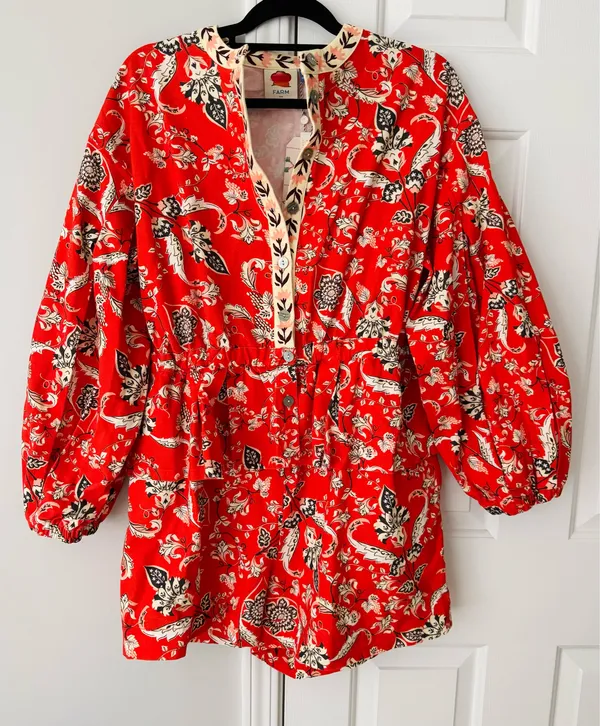 Farm Rio Button Front Balloon Sleeve Printed Romper, Size L - Image 6