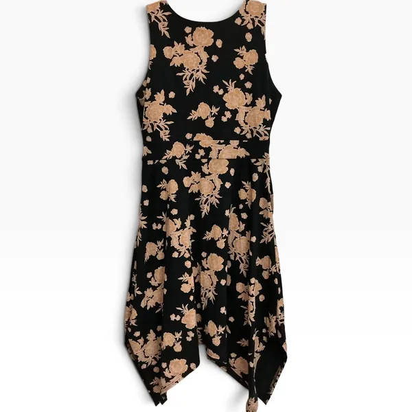 Pact Twilight Floral Asymmetrical Midi Dress Sleeveless Scoop‎ Neck Black Tan L - Image 3