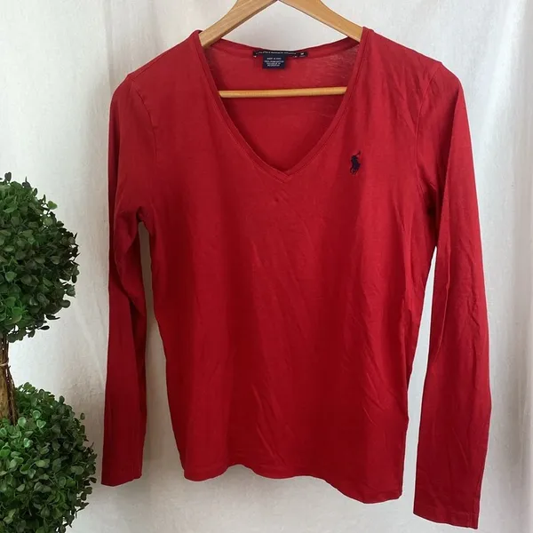 Ralph Lauren Red Long Sleeve V Neck Tee Shirt M - Image 2