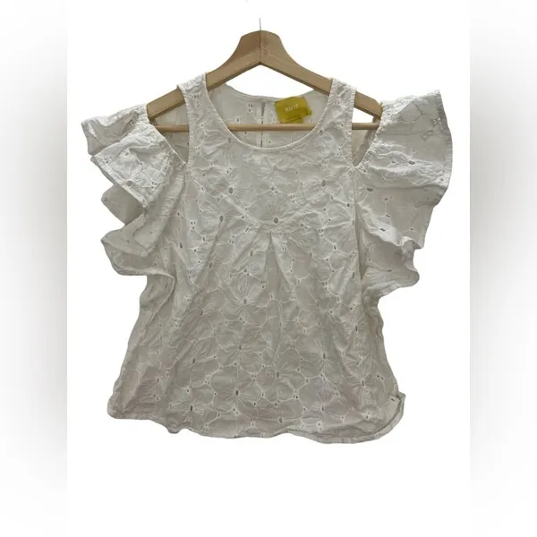 EUC Anthropologie Maeve White Eyelet Cold Shoulder Ruffle Blouse Size Small - Image 2