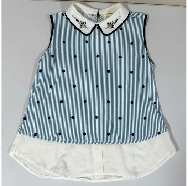 Faith and Joy Blue White Striped Polka Dot Dots Collared Sleeveless Layered Tank Top Shirt Blouse Size S 🩵✨ - Image 2