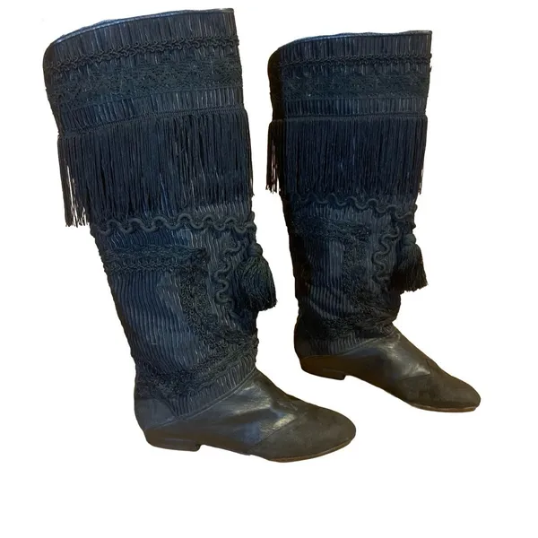 Vintage 1980'S Black Leather Fringe & Ricrac Knee High Boots (36.5) - Image 5