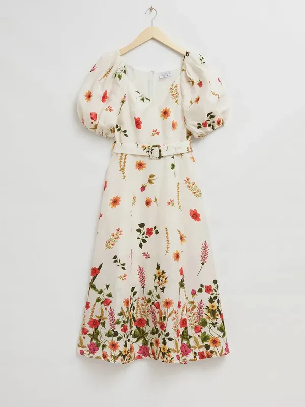 & Other Stories 100% Linen Floral Puff Sleeve Midi Dress - Image 3