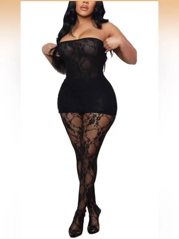 Strapless Black Lace Bodycon Dress & Hosiery Set - Image 2