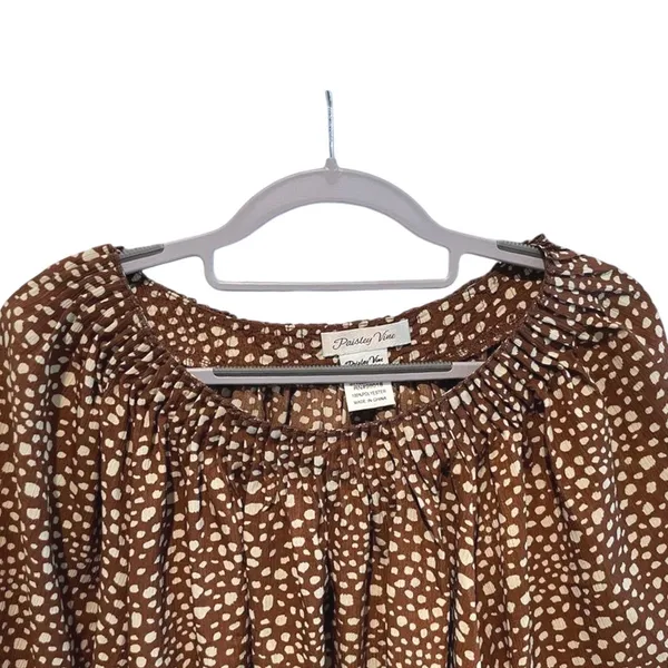 Paisley Vine Tunic Top Brown Boho Smocked Neck Tie Cuff Polka‎ Dot Womens Large - Image 2