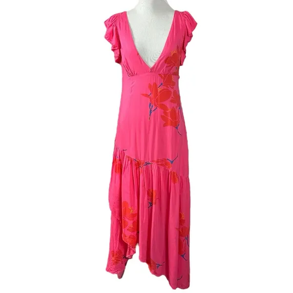 Free People Tropical Hawaiian Hibiscus Hot Pink Floral Maxi Dress Size 8 Summer - Image 6