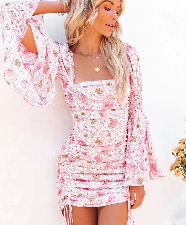 VICI | Pink Floral Smocked Long Sleeve Dress - Image 2