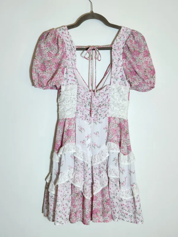 Altar'd State Pink and White Floral Boho Patchwork Mini Dress Size XS Flaw - Image 5