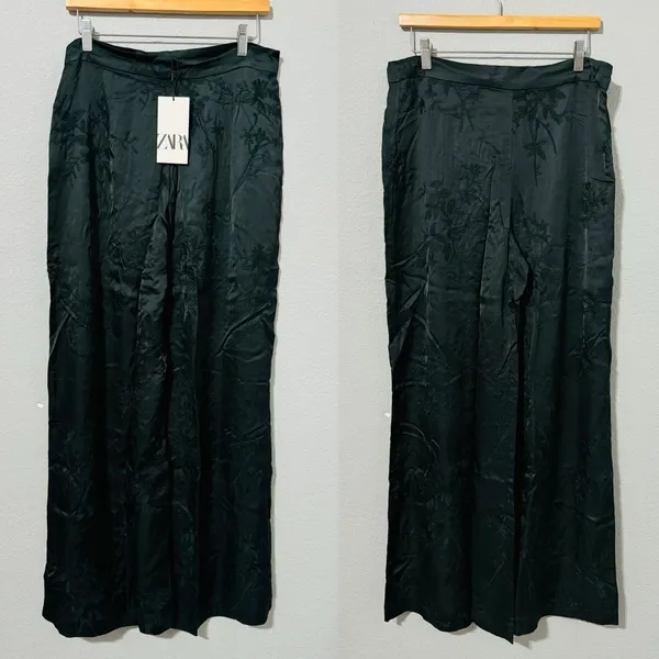 Zara Luxury Green‎ Bohemian Embroidered Satin Effect Wide Leg Lounge Pants Sz L - Image 3