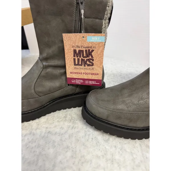 Muk Luks Womens Grey Mid-Calf Boots Knit Back Lug Sole Size 7 1000173-020‎ - Image 3