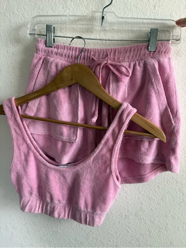 Zara Terry Cloth Pink Crop Top and Shorts Lounge Sleep Set Size Small - Image 2