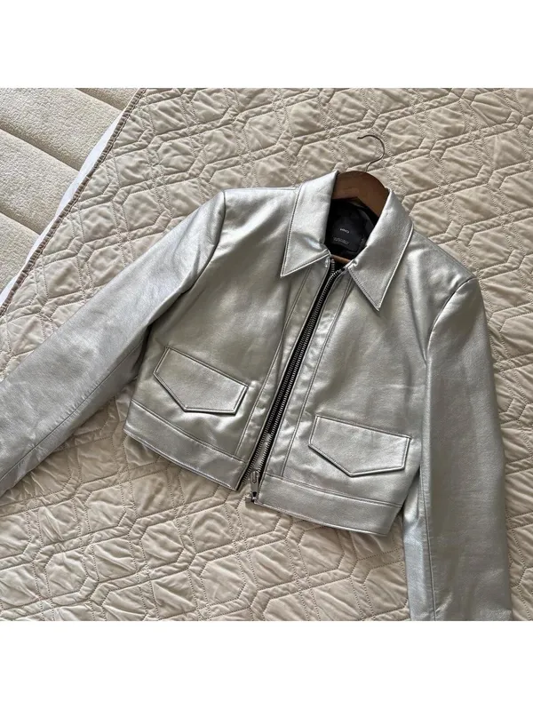Mango silver cropped faux leather jacket - Image 4