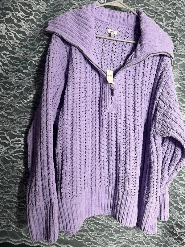 Aerie Lavender Cable Knit Quarter Zip Sweater XL Cozy Oversized Pullover - Image 2