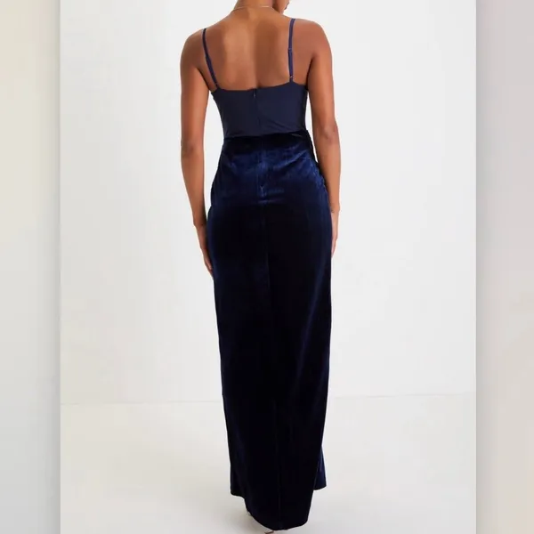 NWT Lulus Alluring Icon‎ Navy Blue Velvet Bustier Sleeveless Maxi Dress LARGE - Image 3