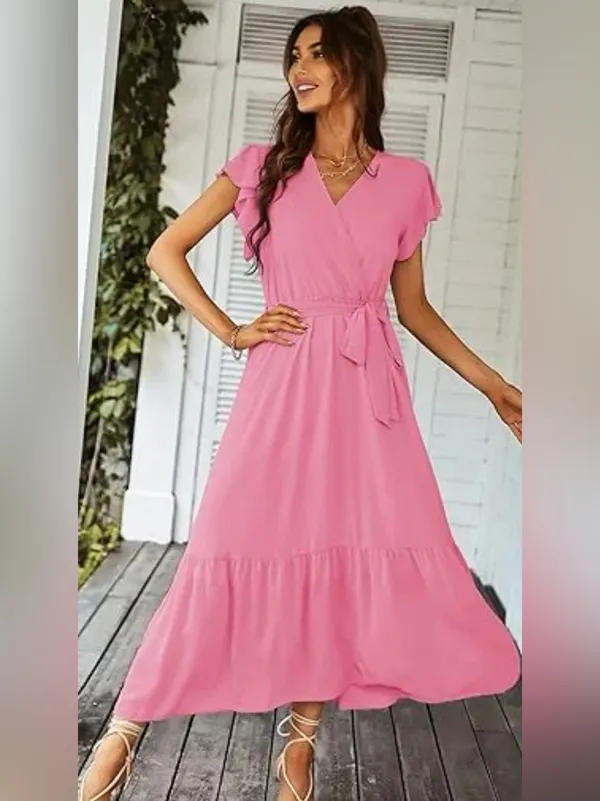 Prettygarden pink boho flowy Maxi wrap dress V Neck short Ruffle sleeve NWT SM - Image 2