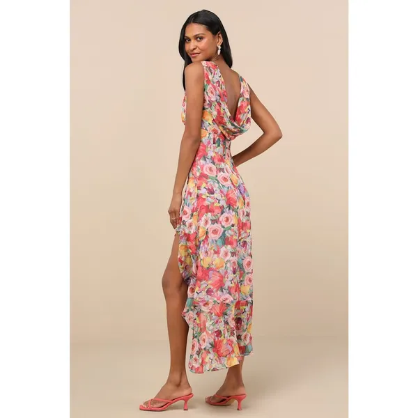 NWT Lulus Laraline Red Multi Floral Ruffled Cowl Back Maxi Dress Cruise Resort L - Image 3