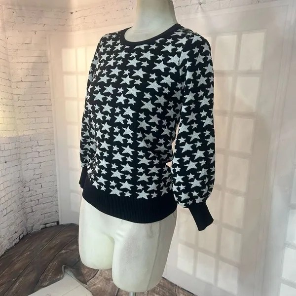 Parker Black and Silver Star Crewneck Long Sleeve Sweater Size Medium - Image 7