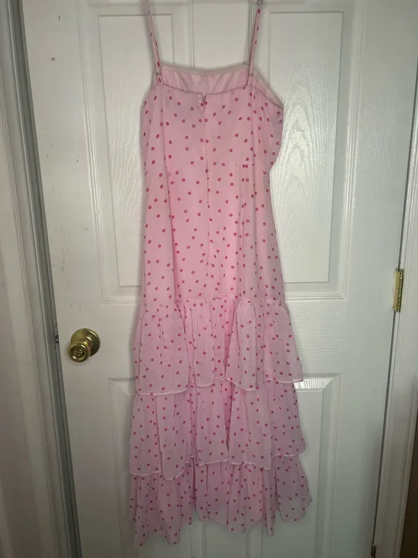 Pink Polka Dot ruffle Midi Dress Lulus - Image 3