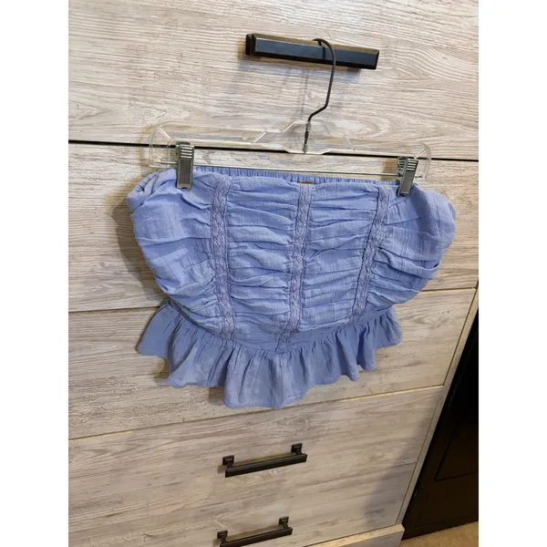 Free People Ruched Peplum Tube Top Periwinkle Blue Smocked Strapless Lace Trim M - Image 4