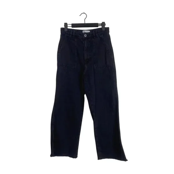 Zara Relaxed Fit Utility Style Wide Leg High Rise Raw Hem Jeans Pockets M Black - Image 10