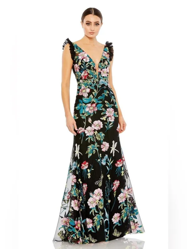NWT Mac Duggal Embroidered Floral Plunge Neck Trumpet Gown Black Multi Size 10 - Image 3