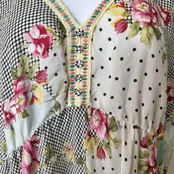 Johnny Was Silk Tunic M floral Embroidered Gathered Waist blouse lightweight - Image 11