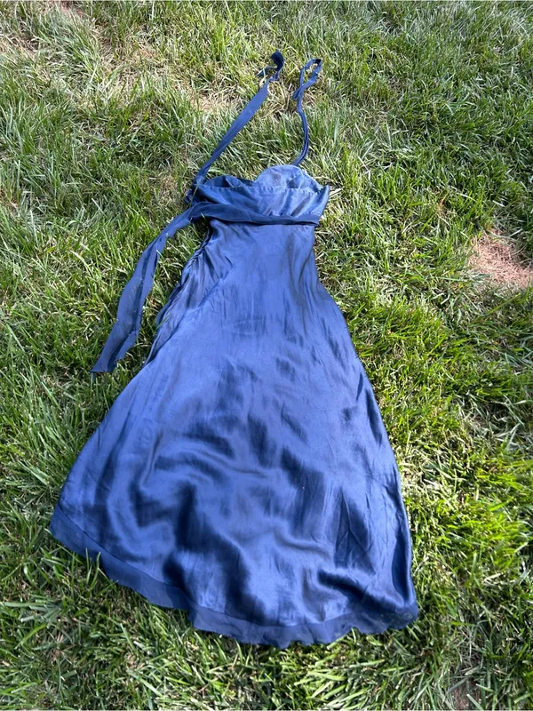 Vintage‎ y2k Cache Silk Halter Dress size 6 blue high low whimsy floral summer - Image 4