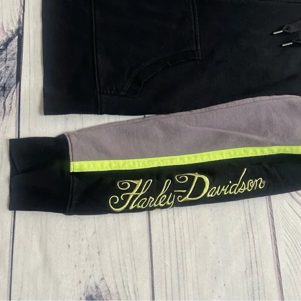 Harley‎ Davidson Woman's Full Zip Hooded Sweater Size XS Black Neon Green White - Image 4
