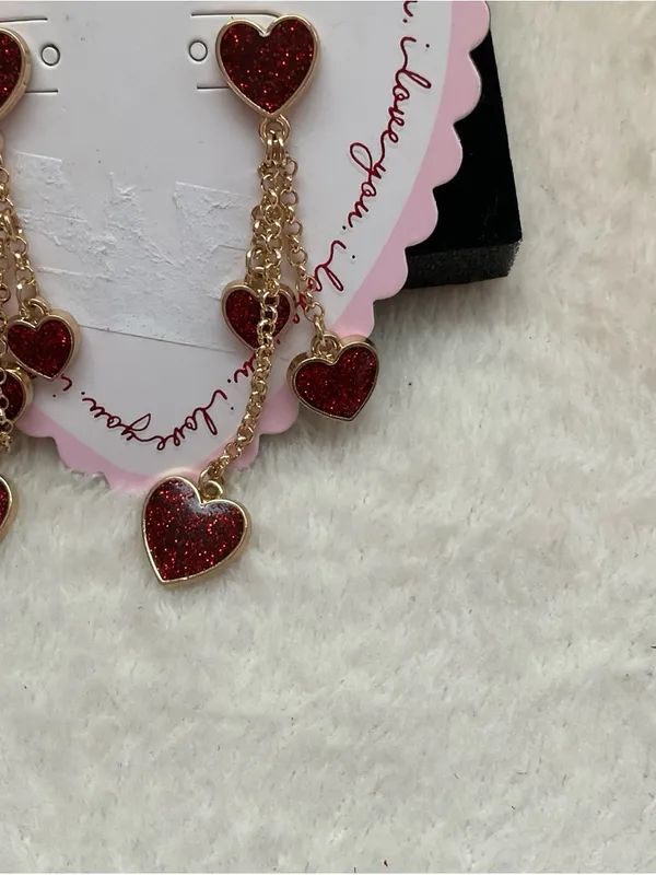 Gold-Tone Red Glitter Heart Dangle Earrings - Image 3