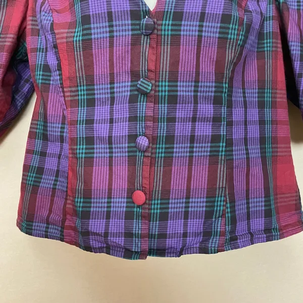 Zara Plaid Puff Sleeve Blouse‎ Women Size Medium Purple Red V-Neck Button Front - Image 7