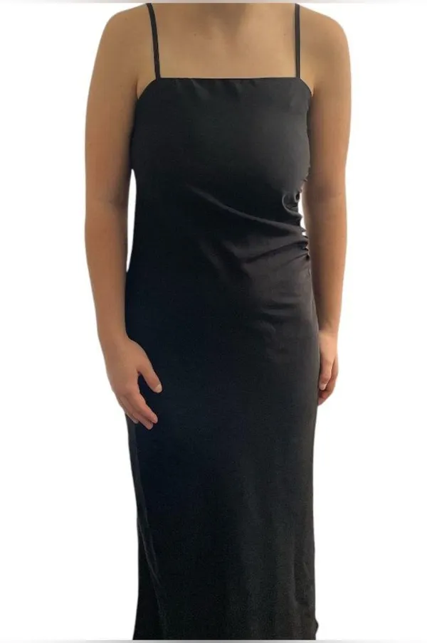 Grade & Gather Black Silky Slip Dress Gathered Side Maxi Side Slit - Image 3
