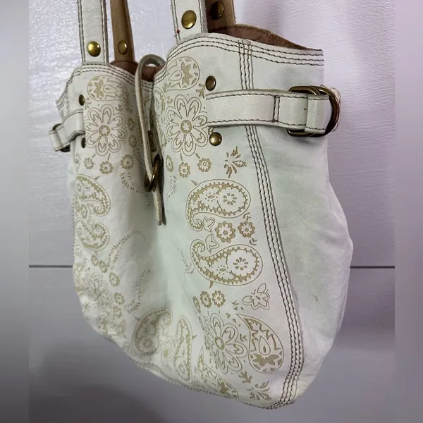 Y2K Lucky Brand White Paisley Print Leather Tote Bag Purse - Image 5
