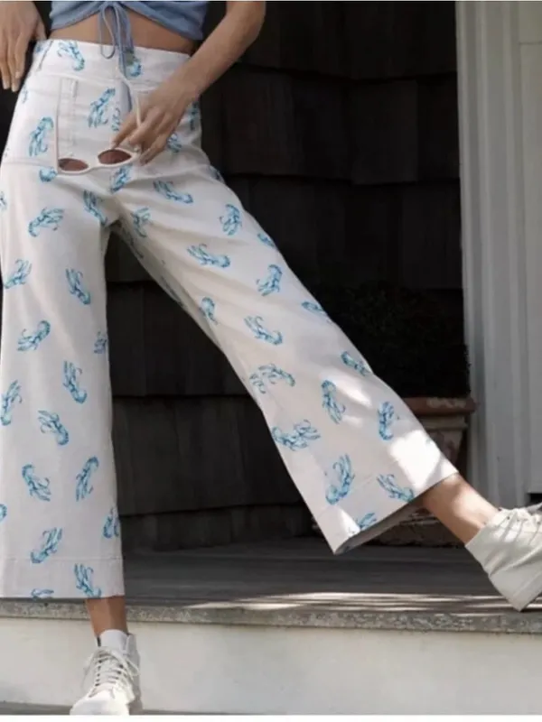 Maeve x Anthropologie Colette Blue Lobster Wide Leg High Rise Crop 25 Linen - Image 2