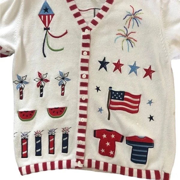 Quacker Factory Costal Grandma America Patriotic Cardigan Sweater M Stars Flags - Image 3