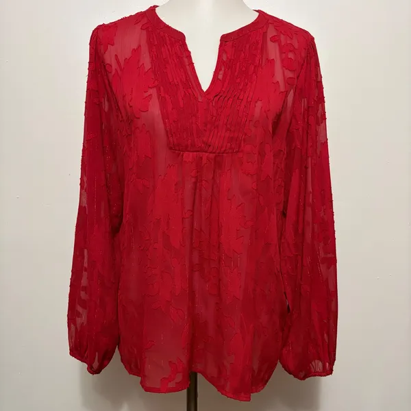 Maurices Blouse Large Red Floral Burnout Metallic Split Neck Pleated Peasant - Image 2