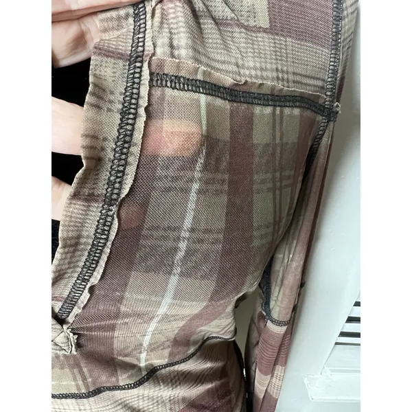 Free People Brown Plaid Mesh V Neck Long Sleeve Medium Tee Lettuce Edge‎ - Image 11