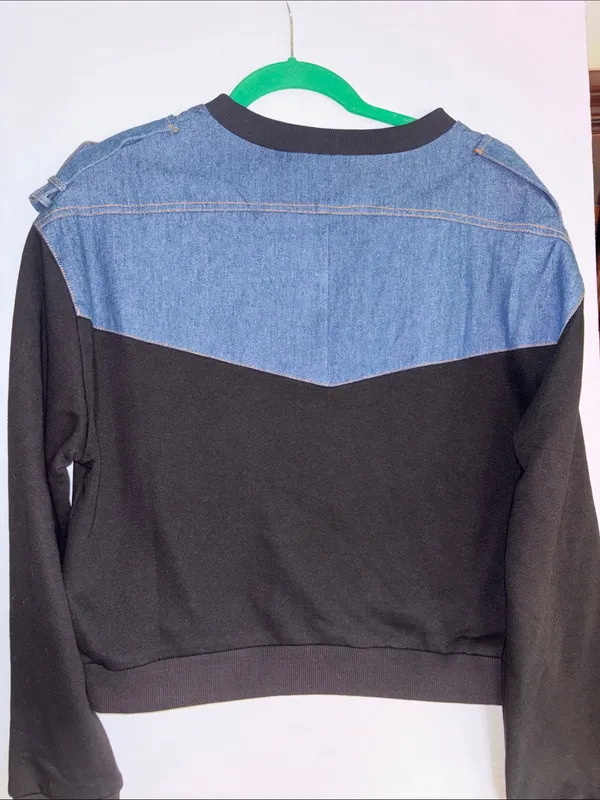 Endless Rose Crew Neck Sweatshirt Blue Denim Shoulder Panels Black Cotton Body - Image 4