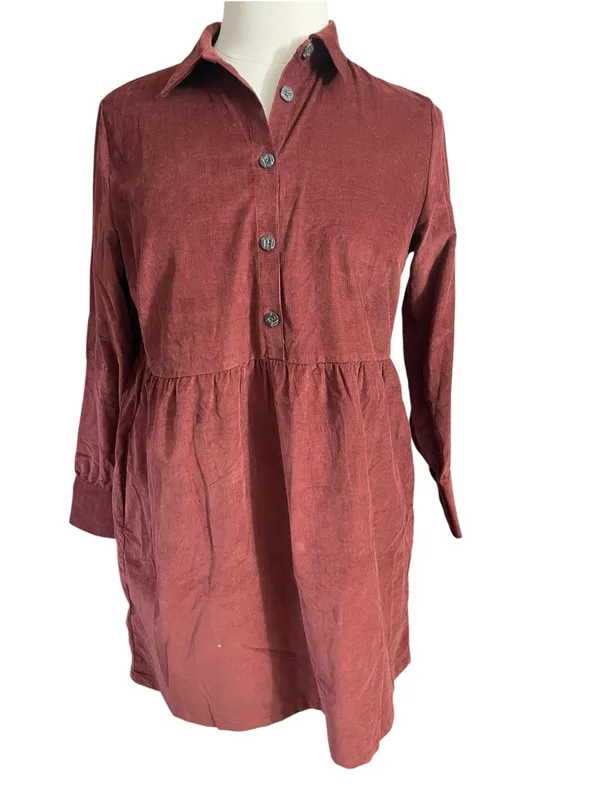 Nine West Rust Brown Button-Front Long Sleeve Shirt Dress - Image 2