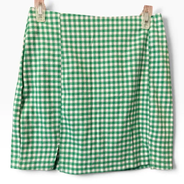 Mini Skirt Womens 7 Green Gingham Excellent Front Slit High Waist - Image 2