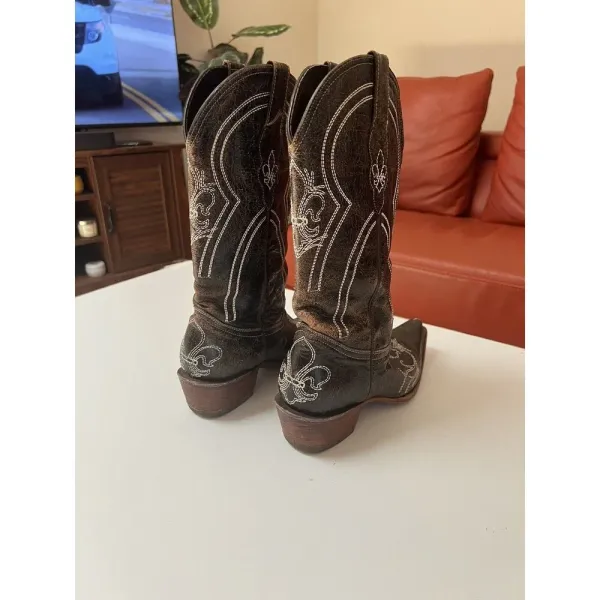 Pecos Bill Leather Cowgirl/cowboy Boots Sz 6 Women’s Distressed Drk‎ Brown White - Image 7