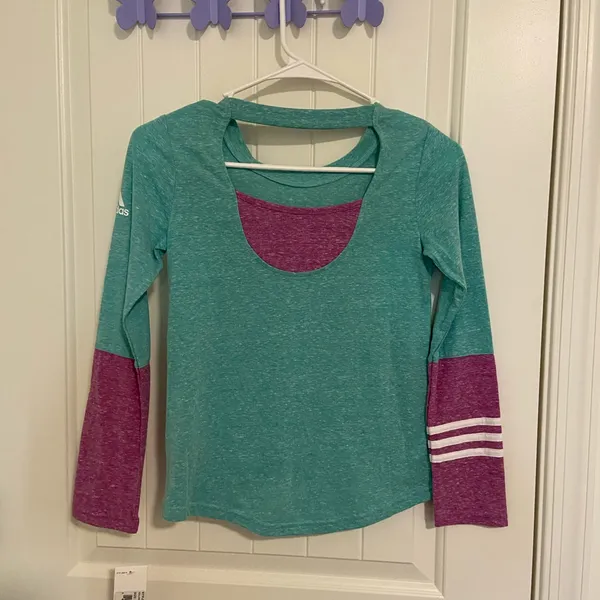 NEW Adidas women’s turquoise‎ purple lightweight cutout back long sleeve top S - Image 5