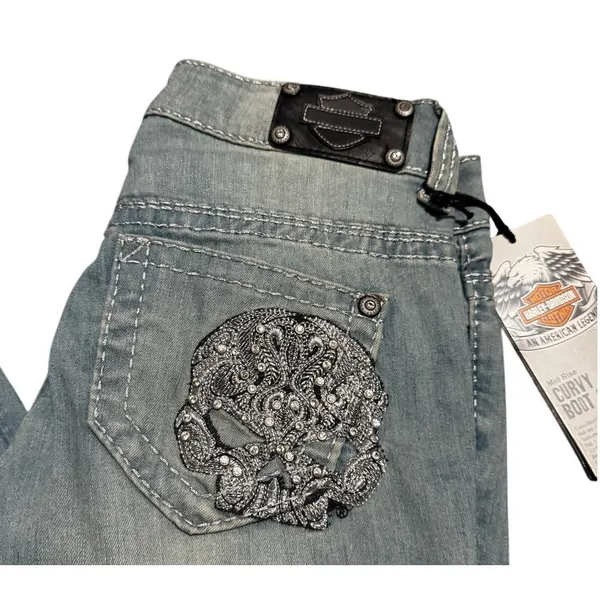 Harley-Davidson NWT Curvy Boot Cut Jeans Skull Embellished, Light Wash (Size: 0) - Image 3