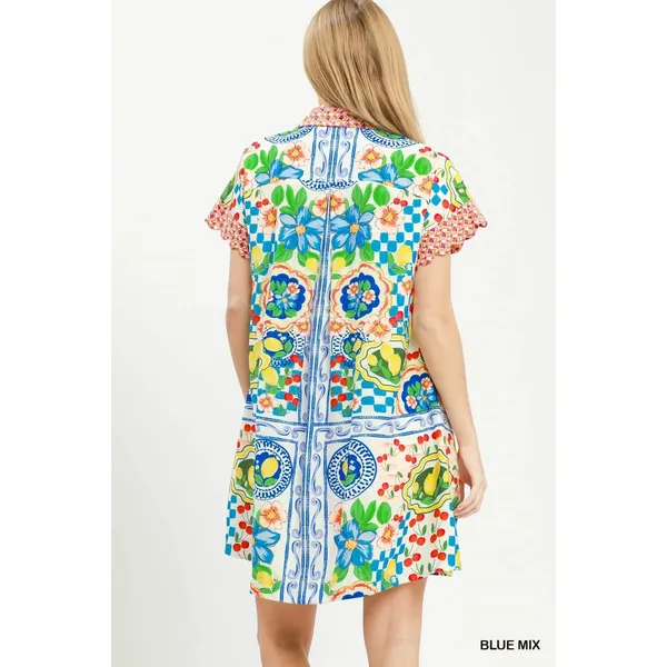 Umgee Mediterranean Print Dress with Contrast Printed Trim - Blue Mix - Small - Image 3