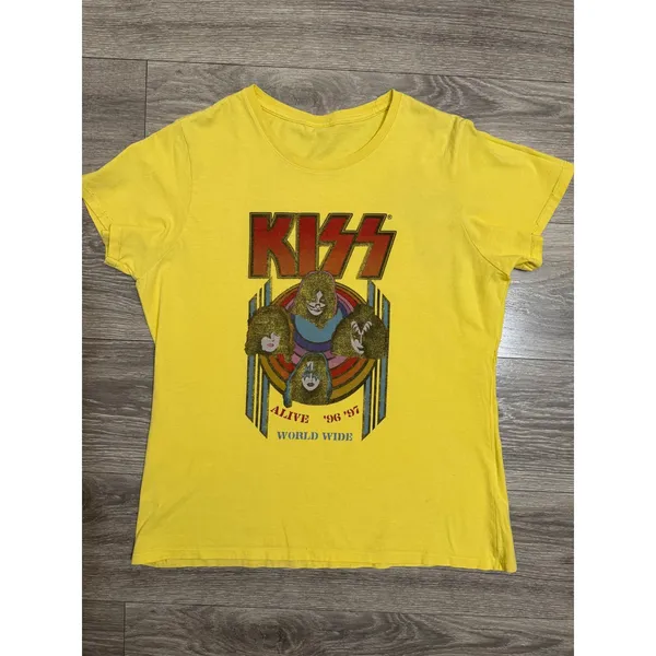 KISS Tee L Alive 96 97 World Wide Tour Graphic Yellow Short Sleeve Rock Band - Image 12