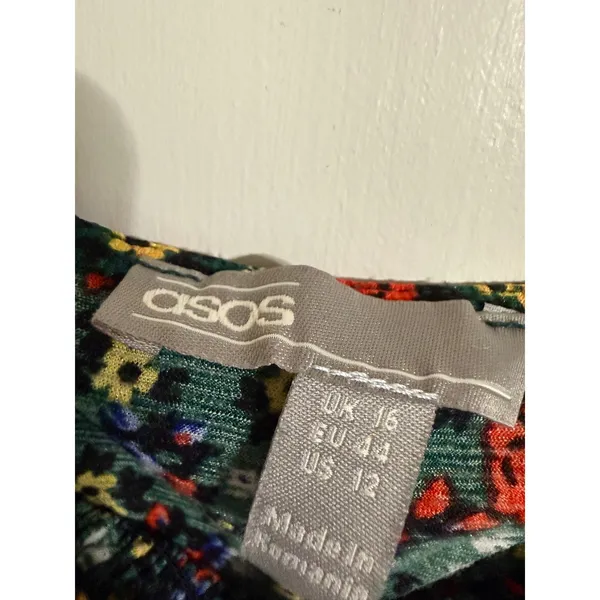 ASOS Green Floral Smocked Midi Dress Square Neck Puff Sleeve US 12 - Image 2