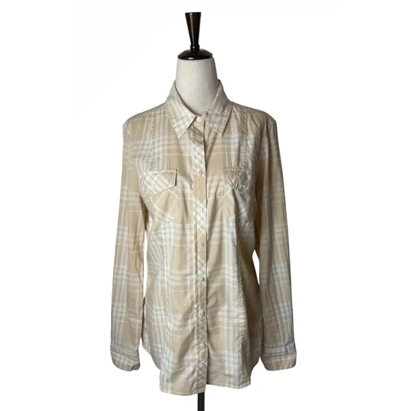 Banana Republic Button Down Shirt Women Medium Tan Plaid Cotton Top Preppy - Image 2