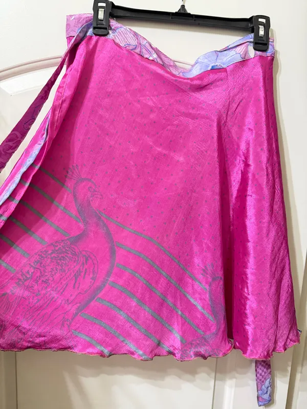 reversible Indian silk wrap skirt in Pink floral “Knee Length” - Image 6