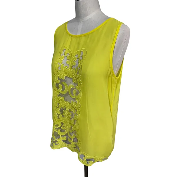 YA Los‎ Angeles L Yellow Tank Top Women's Silk Blend Embroidered Mesh Panel - Image 7
