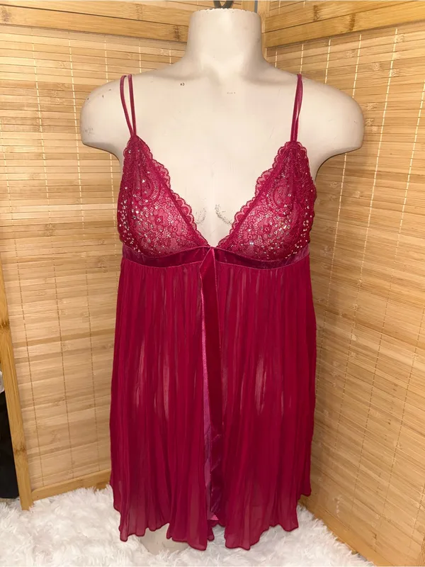 Victoria’s Secret Red Burgundy Pleated Babydoll Chemise sheer lace Lingerie top - Image 2