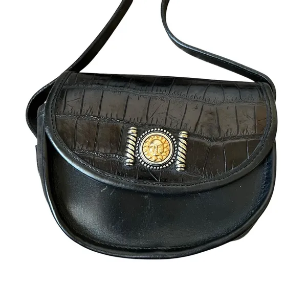 Brighton Vintage Black Leather Croc Embossed Sun Medallion Crossbody Bag Small - Image 2